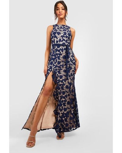 Boohoo Lace Ruffle Split Maxi Dress - Blue