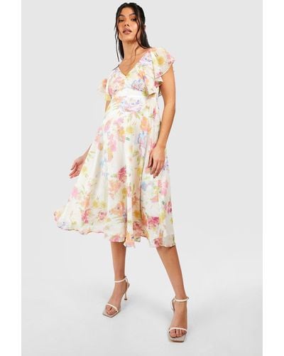 Boohoo Maternity Occasion Floral Tie Back Frill Midi Dress - Natural