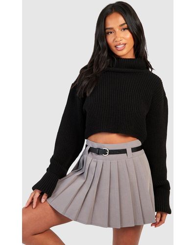 Boohoo Petite Belt Detail Pleated Woven Mini Skirt - Black