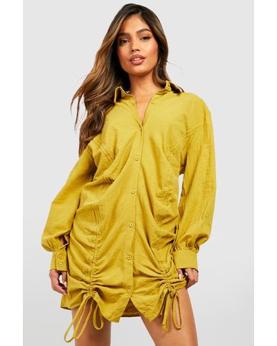 Boohoo Ruched Linen Shirt Dress - Amarillo