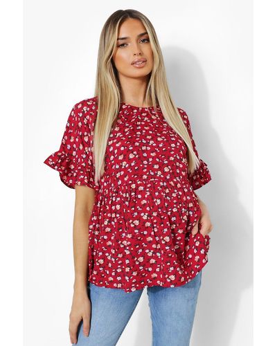 Boohoo Maternity Floral Cross Back Woven Smock Top - Red