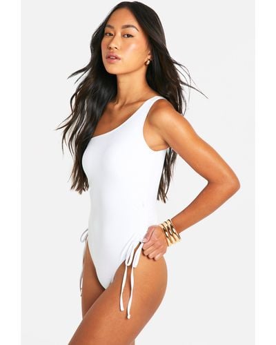 Boohoo One Shoulder Ruched Sides Bathing Suit - White