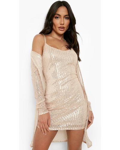 Boohoo Sequin Strappy Mini Dress And Duster Set - Pink