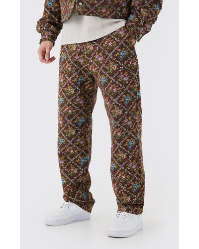 BoohooMAN Tall Fixed Waist Floral Tapestry Trouser - Brown