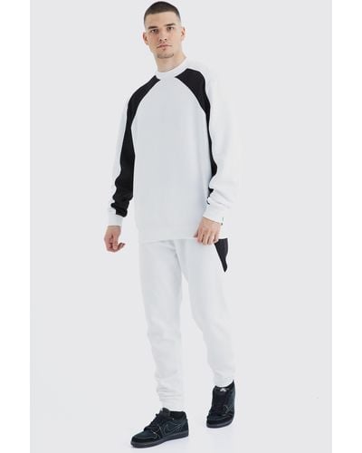 BoohooMAN Tall Zip Detail Color Block Sweater Tracksuit - White
