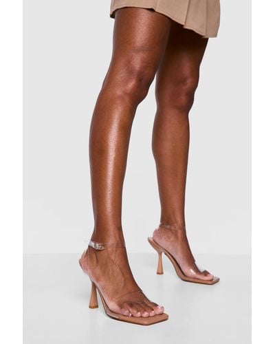 Boohoo Wide Fit Clear Strap Square Toe Heeled Mules - Brown