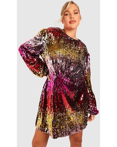 Boohoo Plus Sequin Ombre Blouson Sleeve Shift Dress - Red