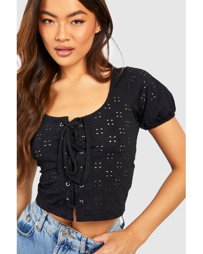 Boohoo Woven Broderie Lace Up Top - Black