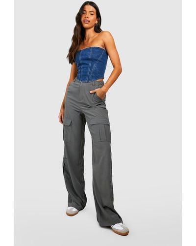Boohoo Whisker Detail High Waisted Wide Leg Jeans in Blue