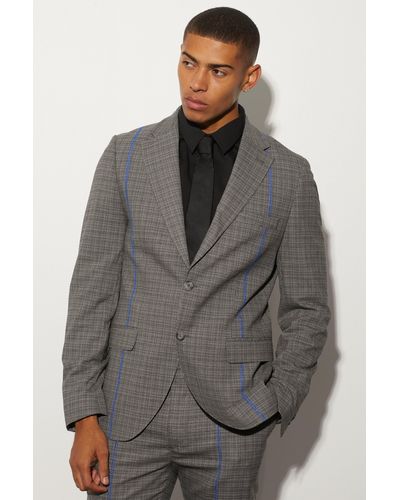BoohooMAN Slim Fit Flannel Contrast Stitch Suit Jacket - Gray
