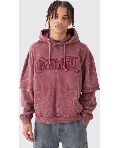 BoohooMAN Oversized Boxy Faux Layer Acid Wash Ofcl Embroidered Hoodie