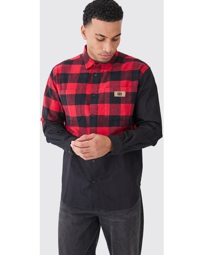 BoohooMAN Oversized Twill Spliced Check Overshirt - Red