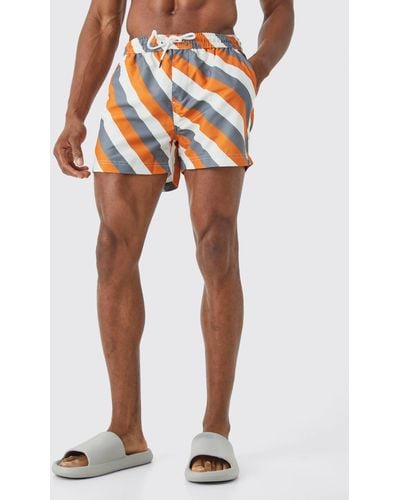 BoohooMAN Mid Length Stripe Swim Short - Orange