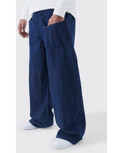 Boohoo Plus Baggy Rigid Multi Pocket Carpenter Jeans - Blue
