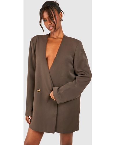 Boohoo Oversized Collarless Blazer Dress - Brown