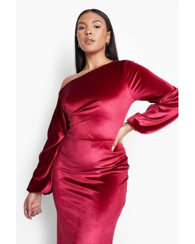 Boohoo Plus Velvet Off The Shoulder Midi Dress - Red