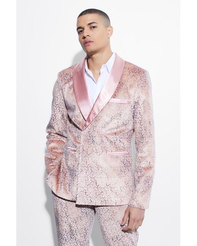 BoohooMAN Slim-Fit Velour-Anzugjacke mit Barock-Print - Pink