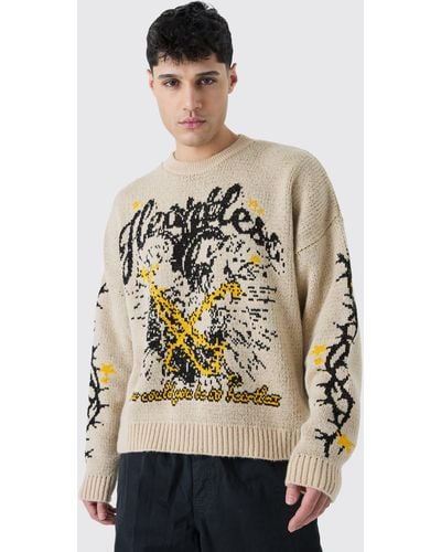 BoohooMAN Oversized Boxy Brushed Graphic Knitted Sweater - Gray