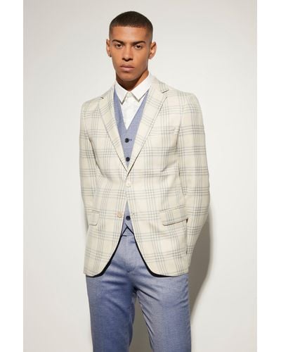 Boohoo Slim Single Breasted Check Suit Jacket - Natural