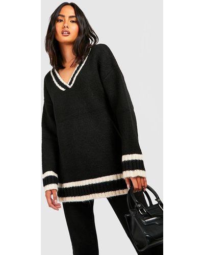Boohoo Deep V Knitted Cricket Sweater - Black