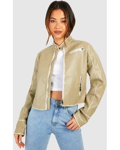 Boohoo Fitted Moto Vintage Look Faux Leather Jacket - White
