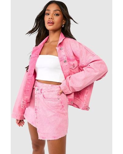 Boohoo Pink Acid Wash Wrap Denim Mini Skirt