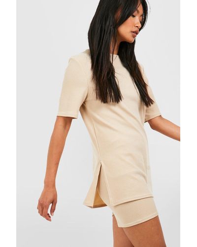Boohoo Ribbed Relaxed Longline Tshirt With Side Splits & Shorts - Natural