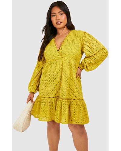 Boohoo Plus Woven Broderie V Neck Long Sleeve Smock Dress - Yellow