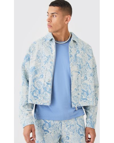 BoohooMAN Boxy Fit Fabric Interest Distressed Denim Jacket - Blau