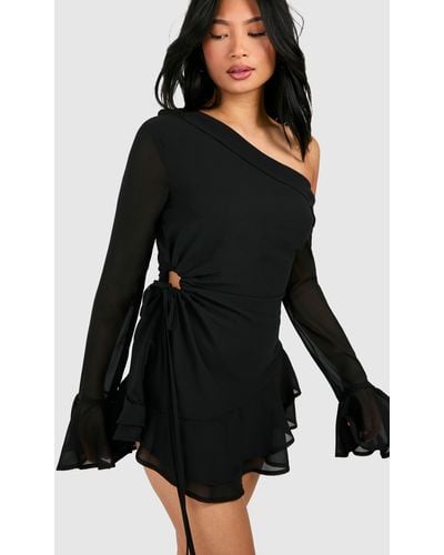 Boohoo Petite Bardot Chiffon Long Sleeve Mini Dress - Black