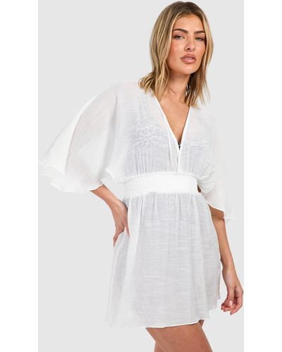 Boohoo Linen Look Cover-up Beach Dress - White
