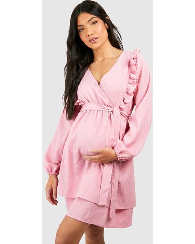 Boohoo Maternity Textured V Neck Belted Skater Dress - Pink