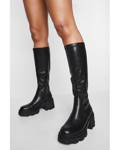 Boohoo Calf High Chunky Heeled Boots - Black