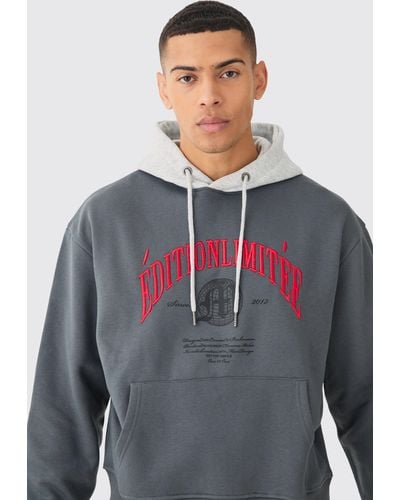 BoohooMAN Oversized Boxy 3d Embroidered Edition Hoodie - Grau