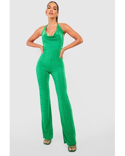 Boohoo Textured Slinky Cowl Neck Jumpsuit - Green