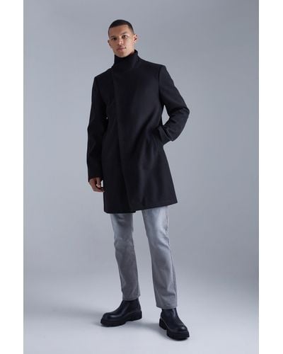 BoohooMAN Tall Funnel Neck Wool Look Overcoat In Black - Gray