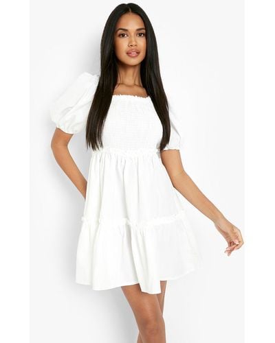 Boohoo Puff Sleeve Shirred Tiered Smock Dress - White