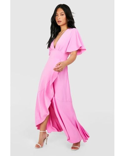 Boohoo Petite Angel Sleeve Wrap Front Satin Maxi Dress - Pink