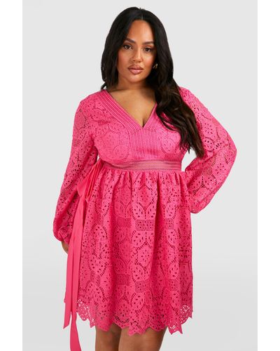 Boohoo Plus Premium Lace Volume Sleeve Skater Dress - Pink