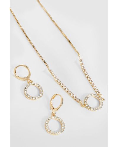 Boohoo Circle Diamante Necklace And Earring Set - White
