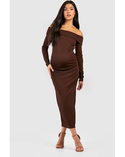 Boohoo Maternity Soft Rib Bardot Midaxi Dress - Brown