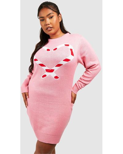 Boohoo Plus Candy Cane Heart Christmas Sweater Dress - Pink