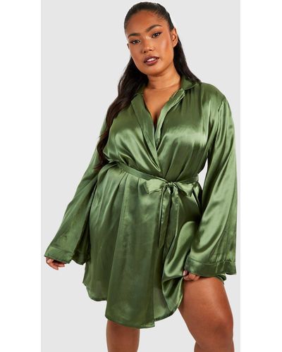 Boohoo Plus Satin Belted Long Sleeve Kimono Robe - Green