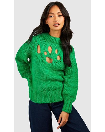 Boohoo Open Crochet Soft Knit Sweater - Green