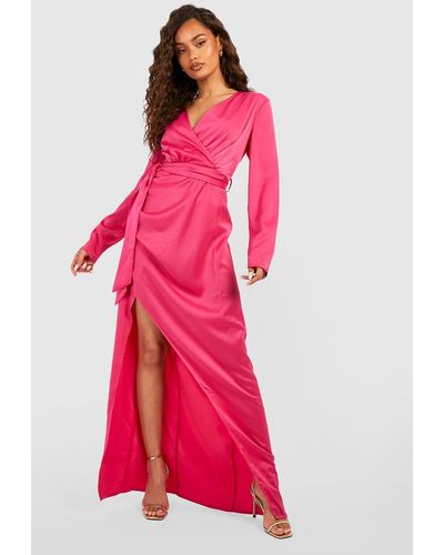Boohoo Satin Long Sleeve Wrap Front Maxi Dress - Pink