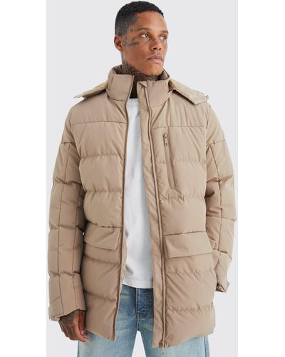 BoohooMAN Longline Quilted Puffer With Hood - Natural