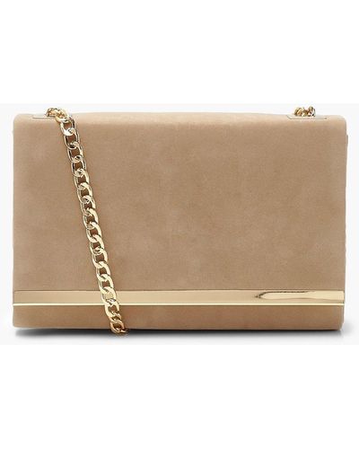 Boohoo Structured Suedette Clutch Bag And Chain - Natural