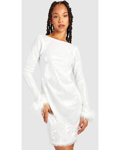 Boohoo Tall Sequin Fluffy Feather Trim Mini Dress - White