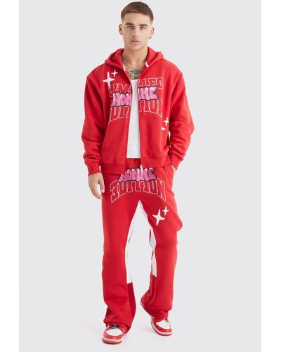 BoohooMAN Oversized Boxy Zip Through Puff Print Gusset Tracksuit - Red