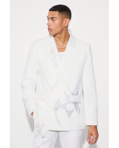 BoohooMAN Rhinestone Embellished Relaxed Fit Blazer - White